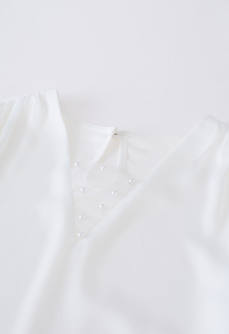 Pearl Mesh Spliced V-Neck Satin Top in White