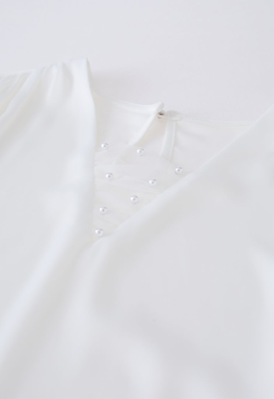 Pearl Mesh Spliced V-Neck Satin Top in White