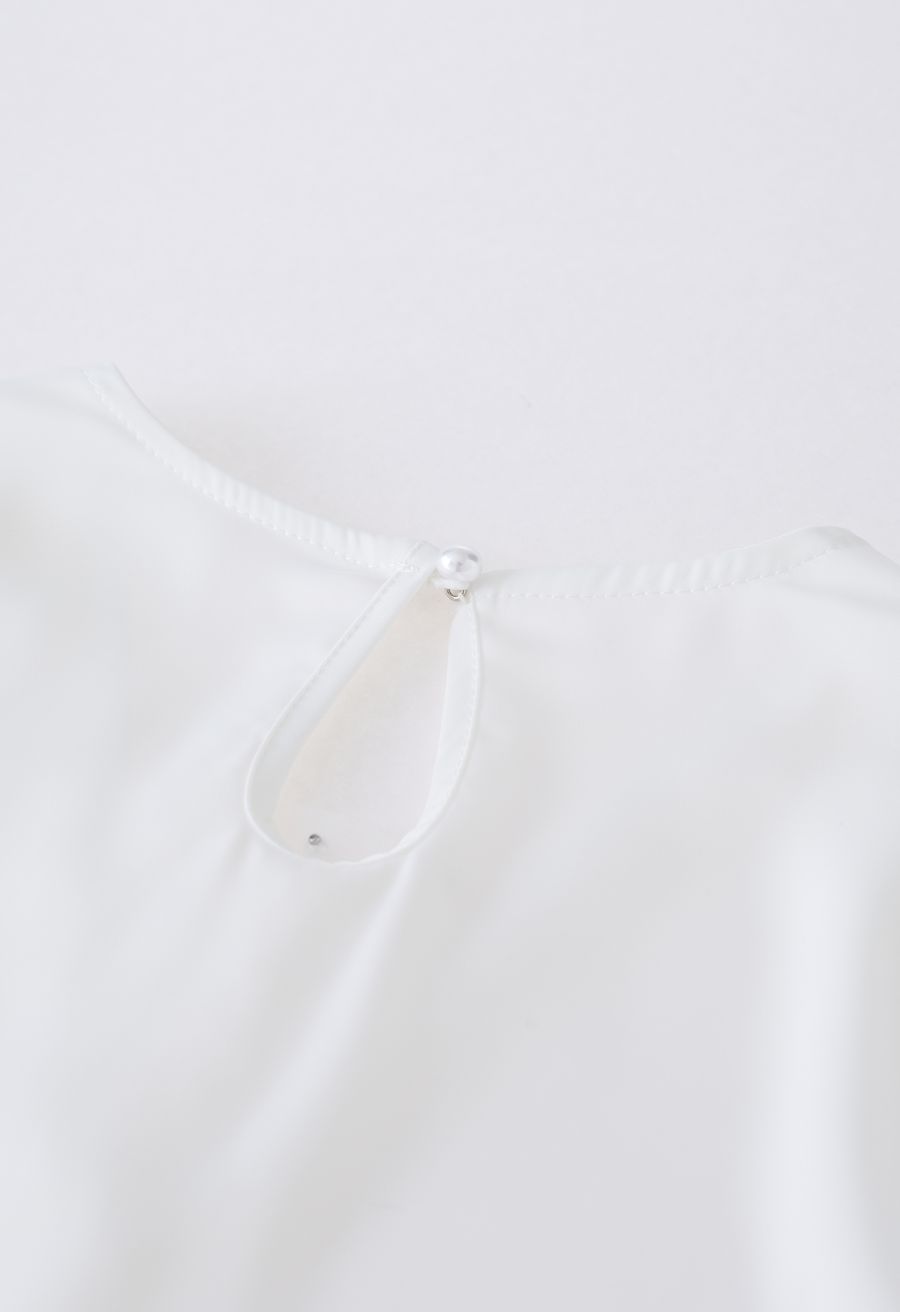 Pearl Mesh Spliced V-Neck Satin Top in White