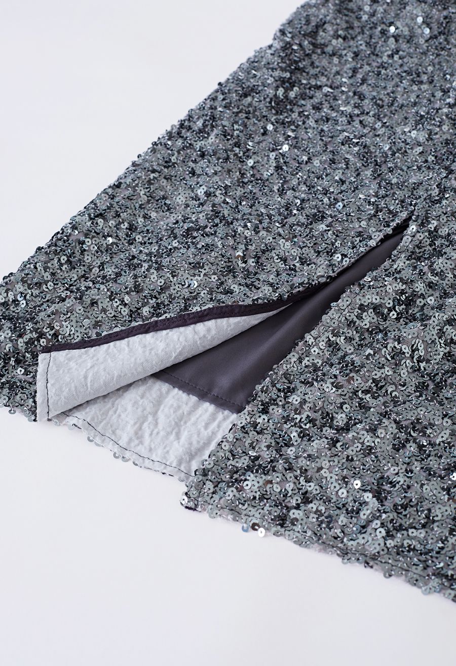 Iridescent Sequin Embellished Pencil Skirt in Silver