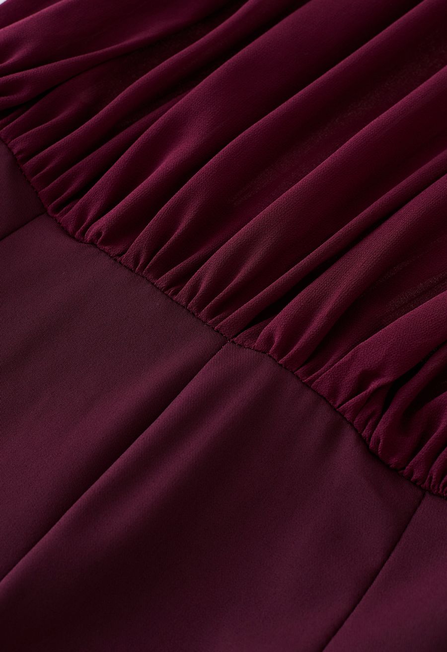 Sheer Spliced Wide-Leg Cropped Jumpsuit in Burgundy