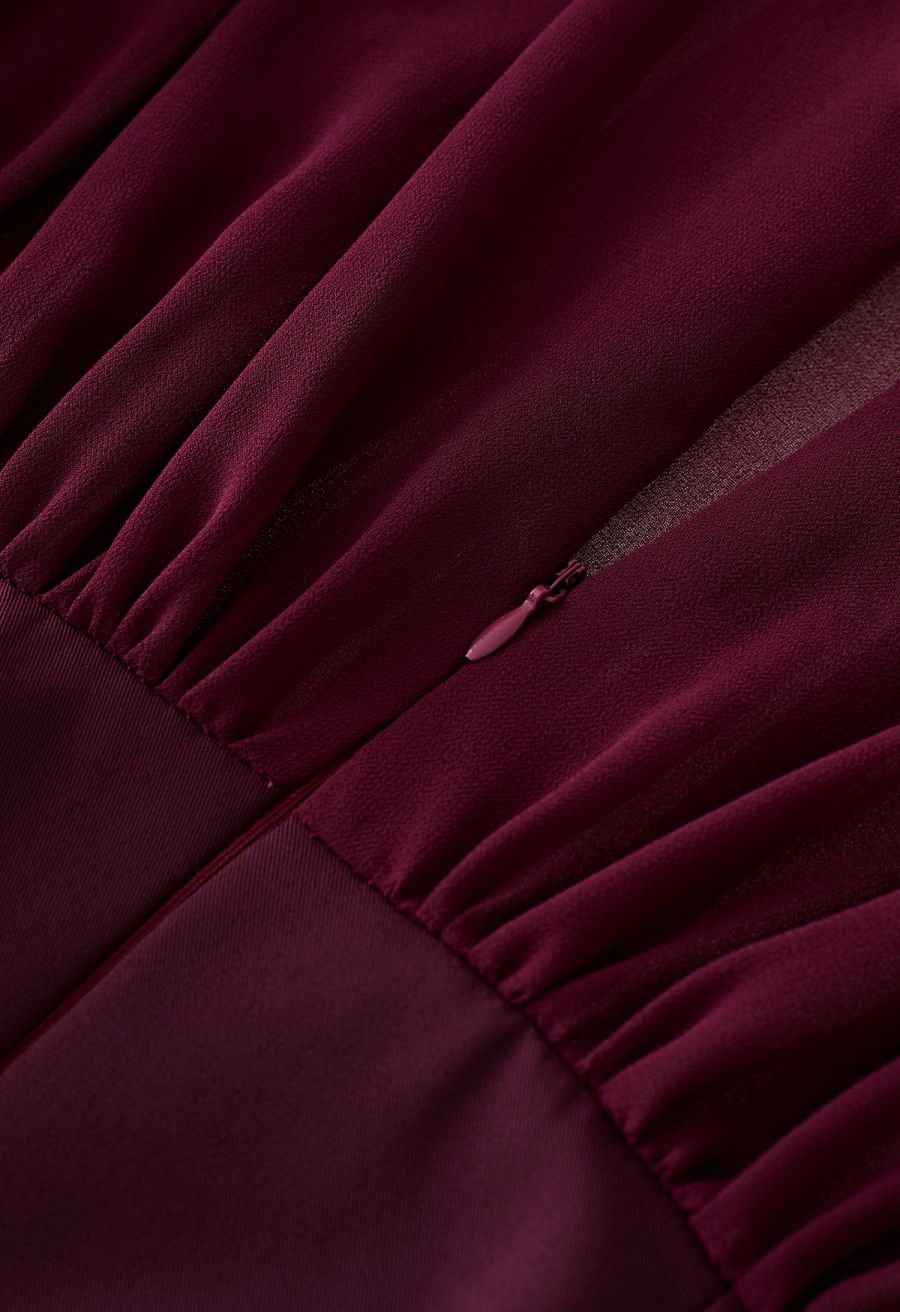 Sheer Spliced Wide-Leg Cropped Jumpsuit in Burgundy