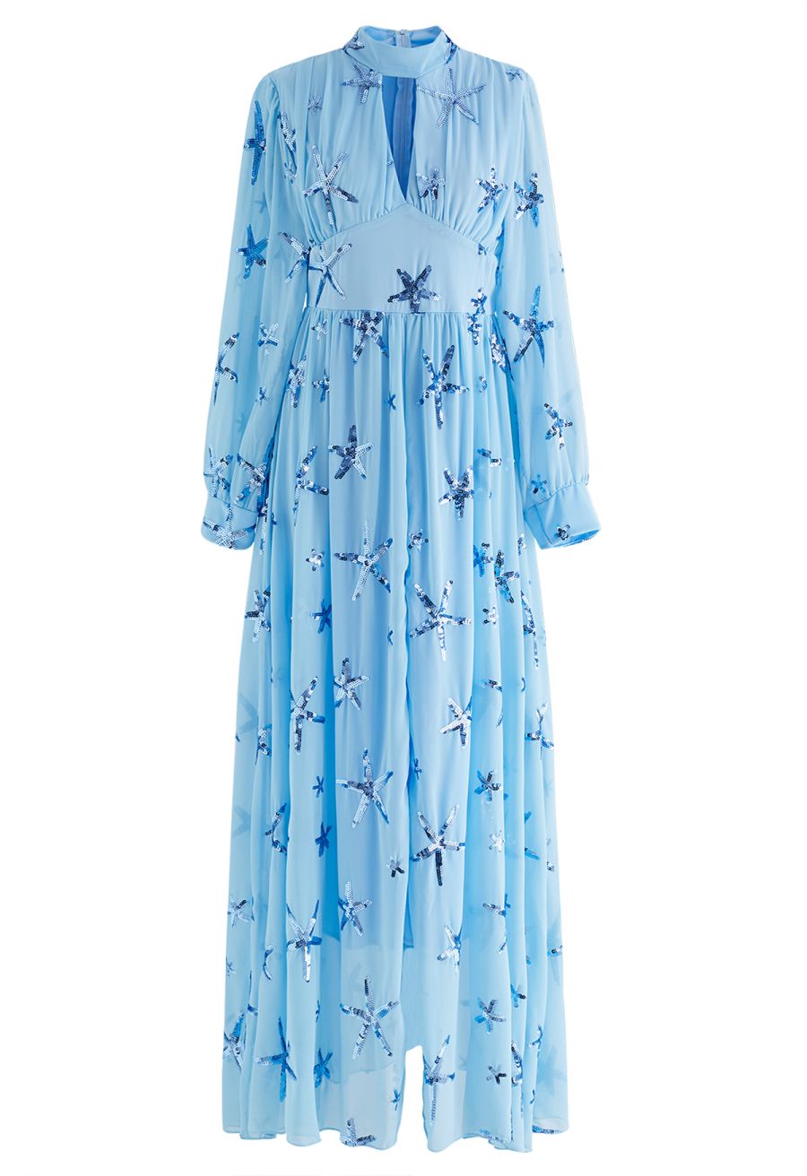 Stars Sequin-Embellished Front Slip Maxi Dress in Blue
