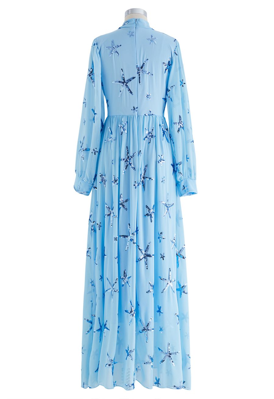 Stars Sequin-Embellished Front Slip Maxi Dress in Blue