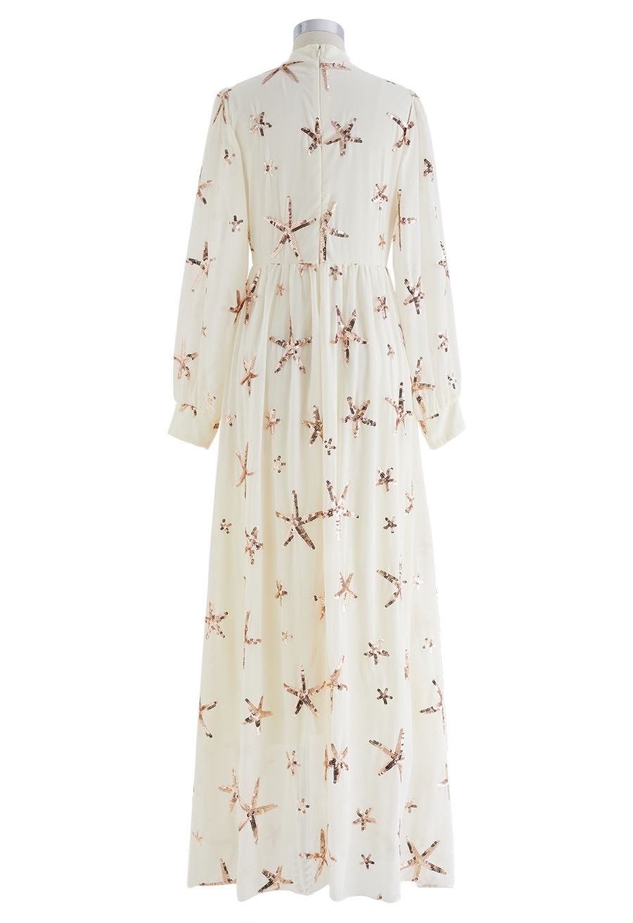 Stars Sequin-Embellished Front Slip Maxi Dress in Light Yellow