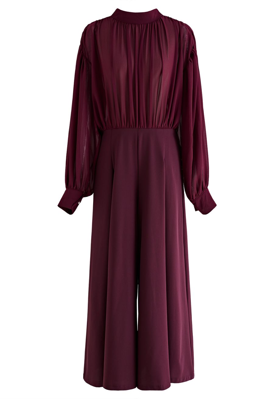 Sheer Spliced Wide-Leg Cropped Jumpsuit in Burgundy