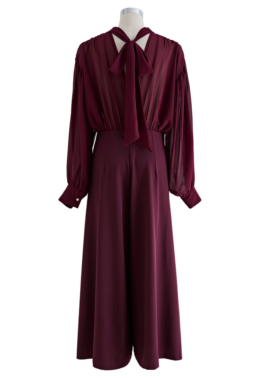Sheer Spliced Wide-Leg Cropped Jumpsuit in Burgundy