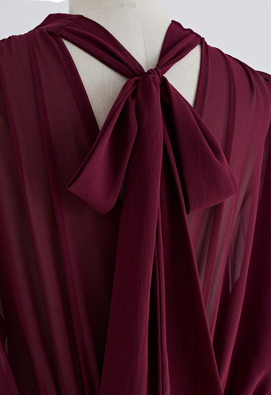 Sheer Spliced Wide-Leg Cropped Jumpsuit in Burgundy