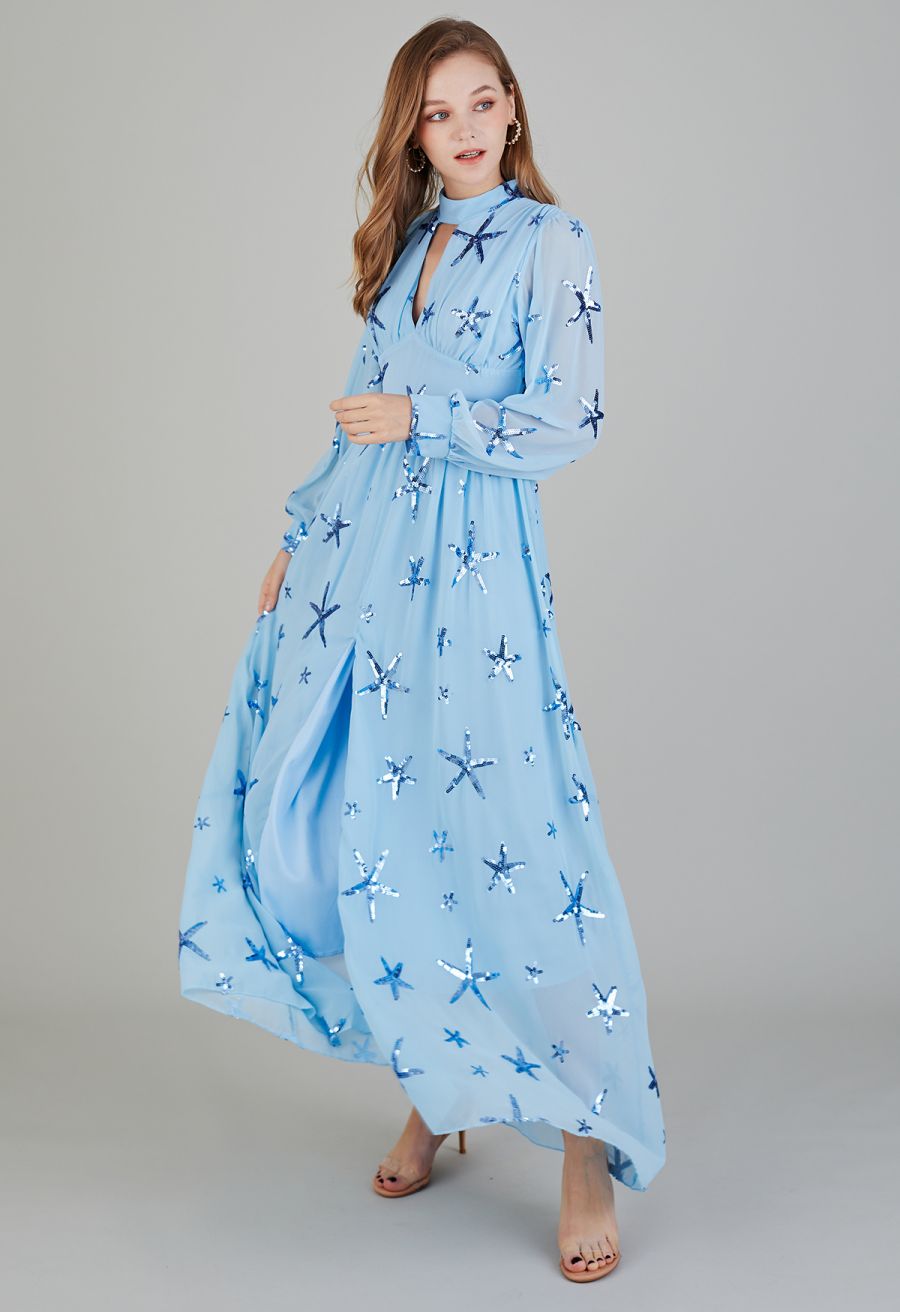 Stars Sequin-Embellished Front Slip Maxi Dress in Blue