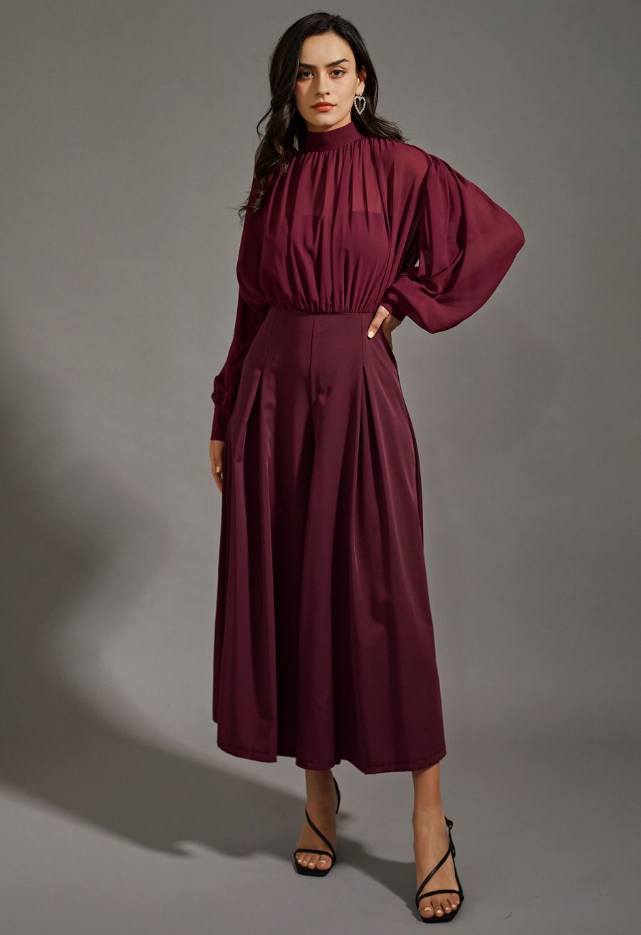 Sheer Spliced Wide-Leg Cropped Jumpsuit in Burgundy