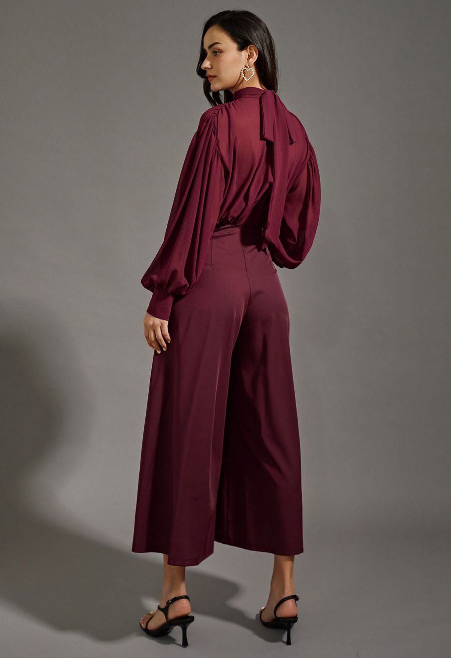 Sheer Spliced Wide-Leg Cropped Jumpsuit in Burgundy