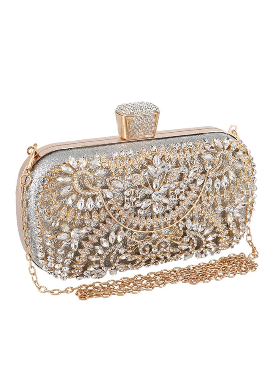 Glittering Floral Rhinestone Inserted Clutch in Silver