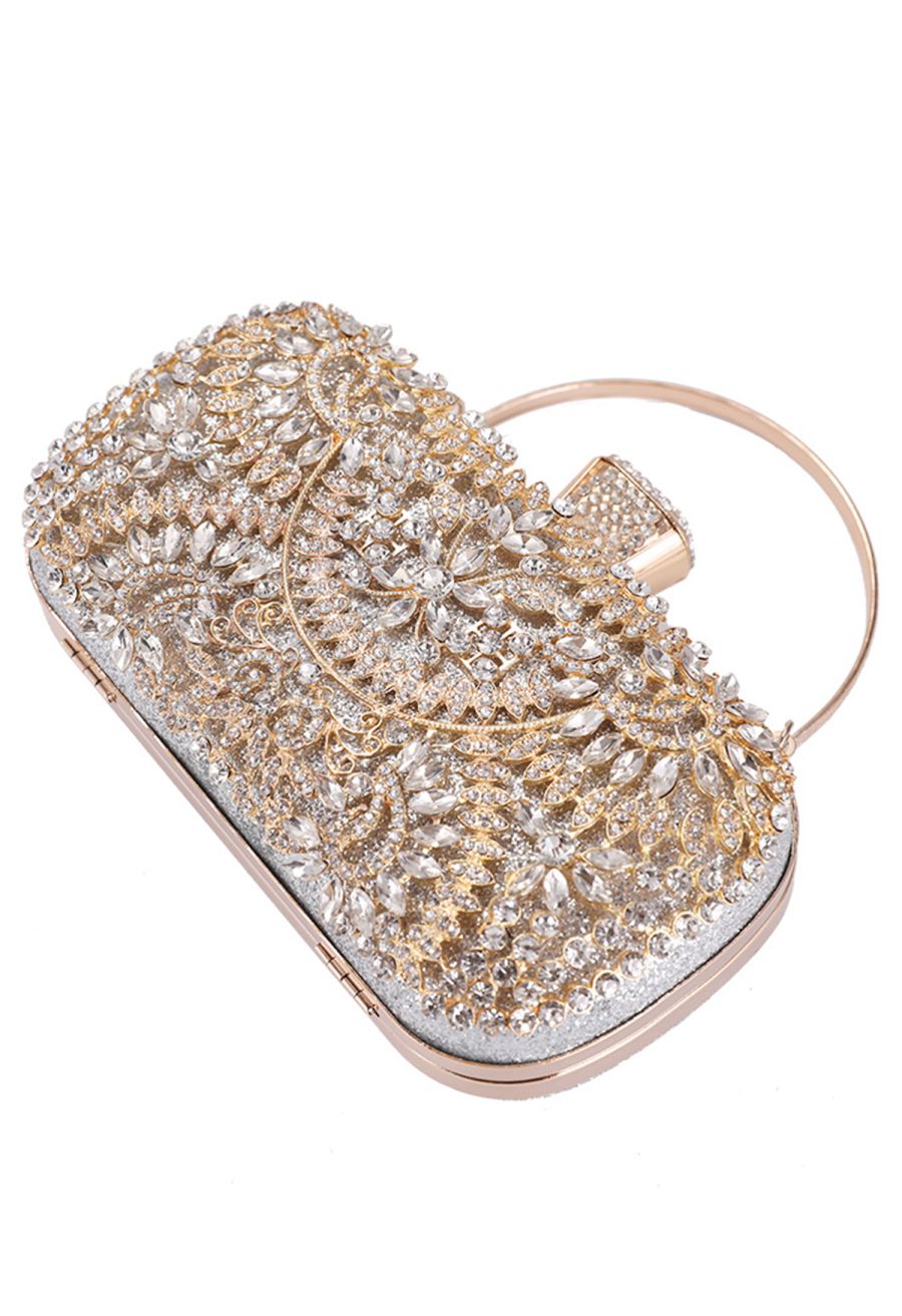 Glittering Floral Rhinestone Inserted Clutch in Silver
