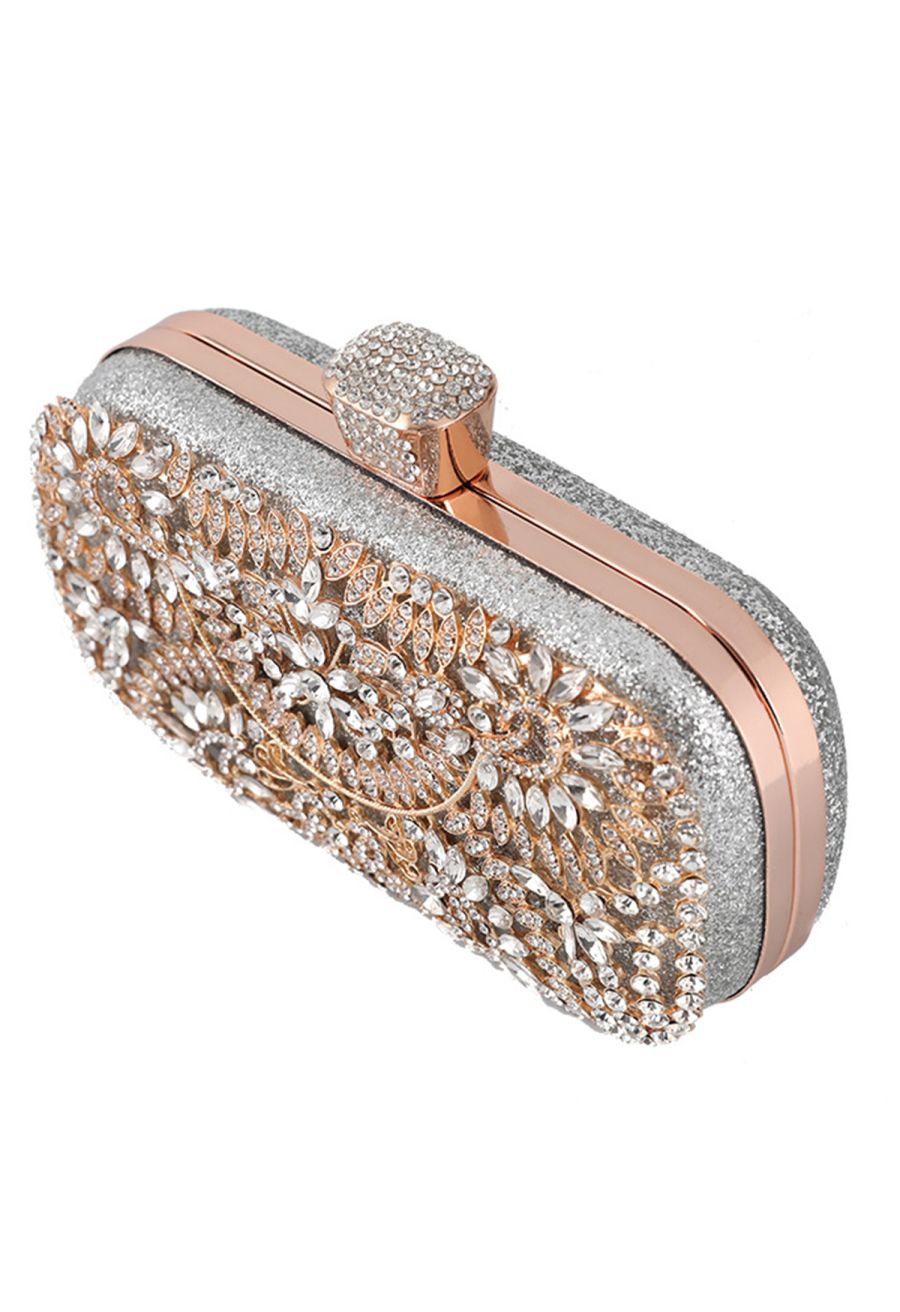 Glittering Floral Rhinestone Inserted Clutch in Silver