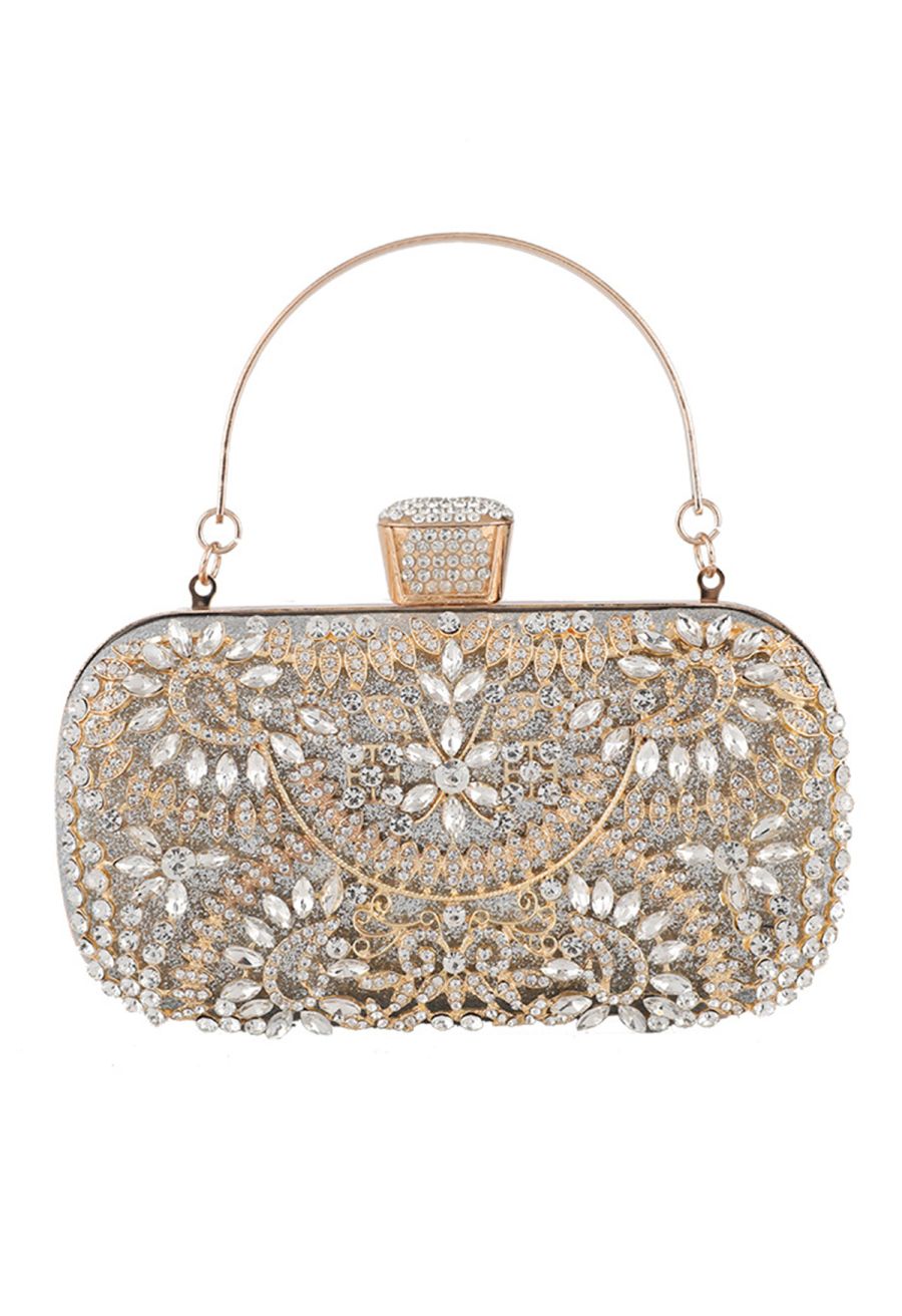 Glittering Floral Rhinestone Inserted Clutch in Silver