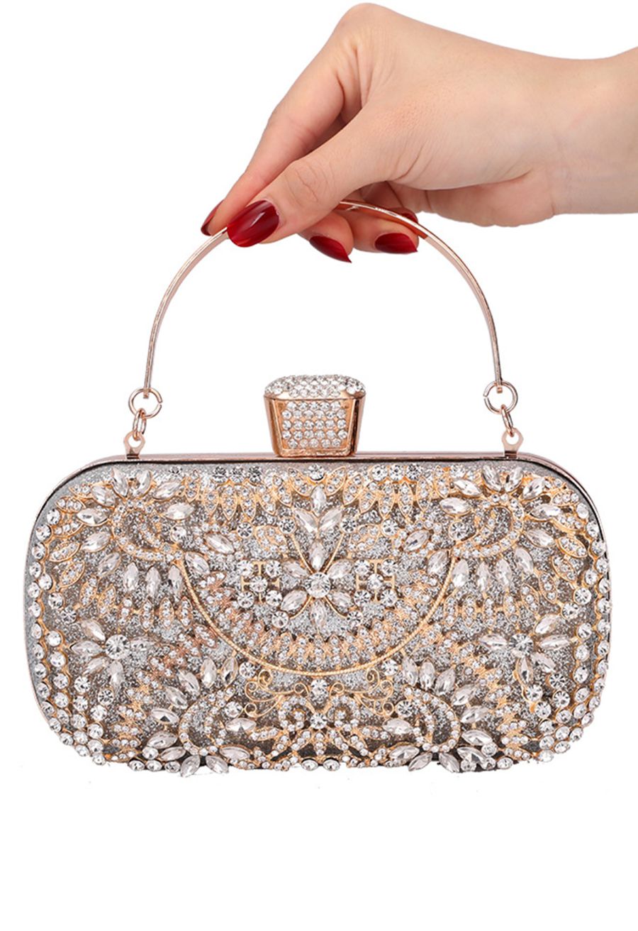 Glittering Floral Rhinestone Inserted Clutch in Silver
