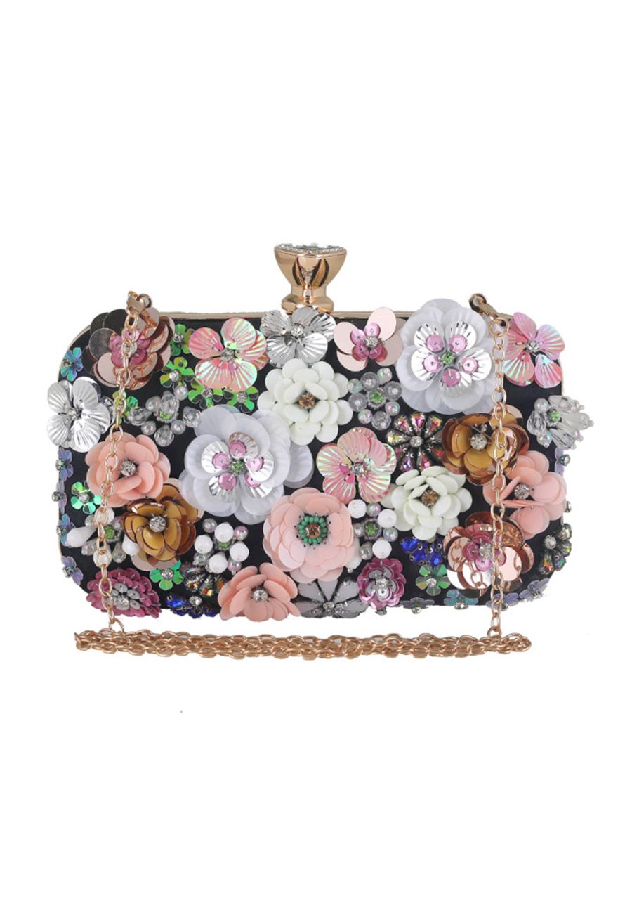 Handmade Beaded Floral Sequin Clutch in Black