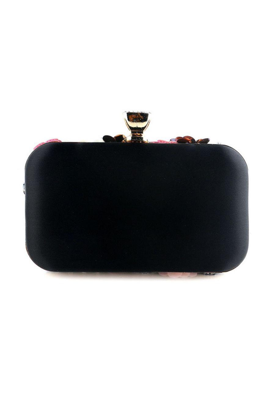 Handmade Beaded Floral Sequin Clutch in Black