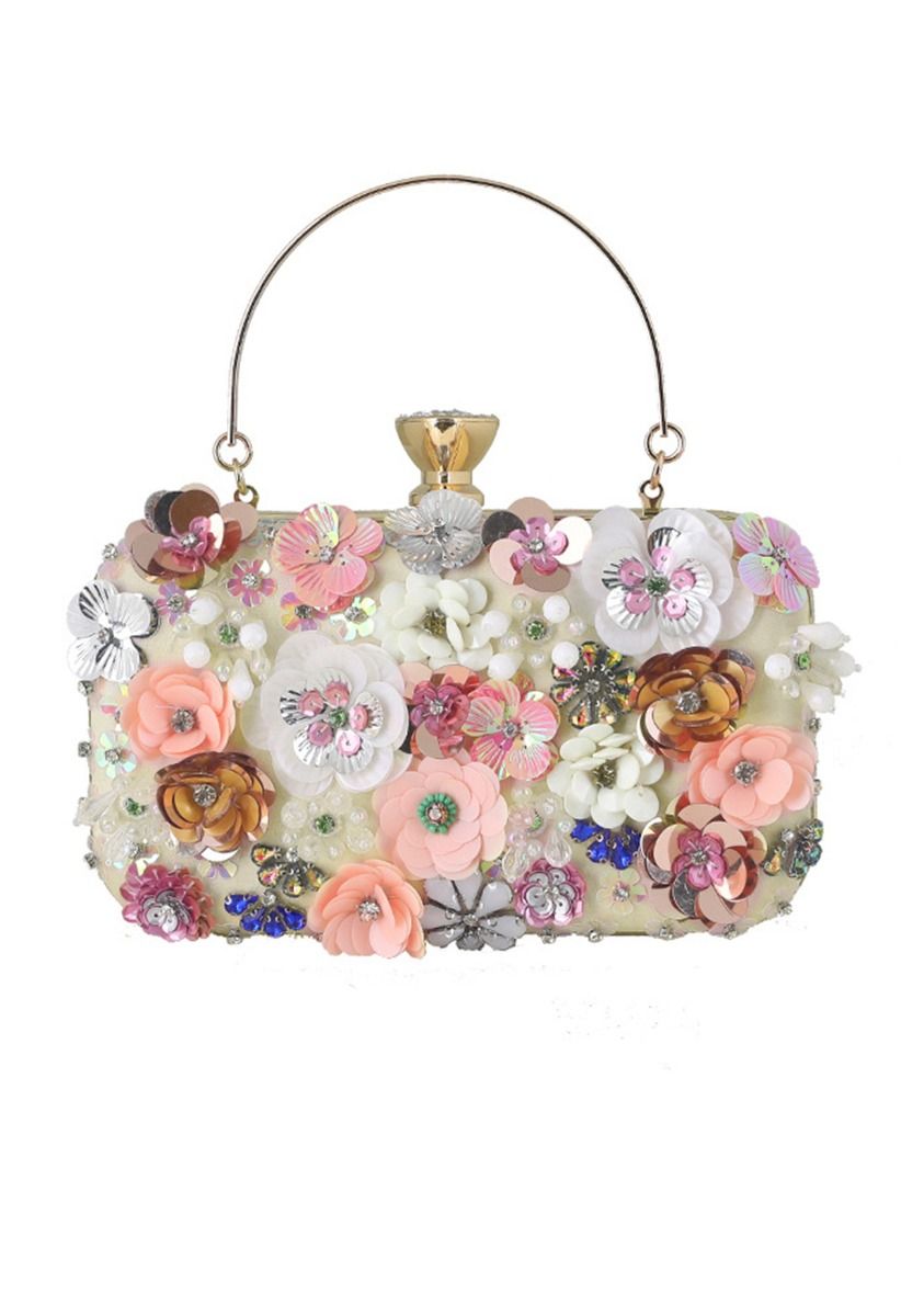 Handmade Beaded Floral Sequin Clutch in Apricot