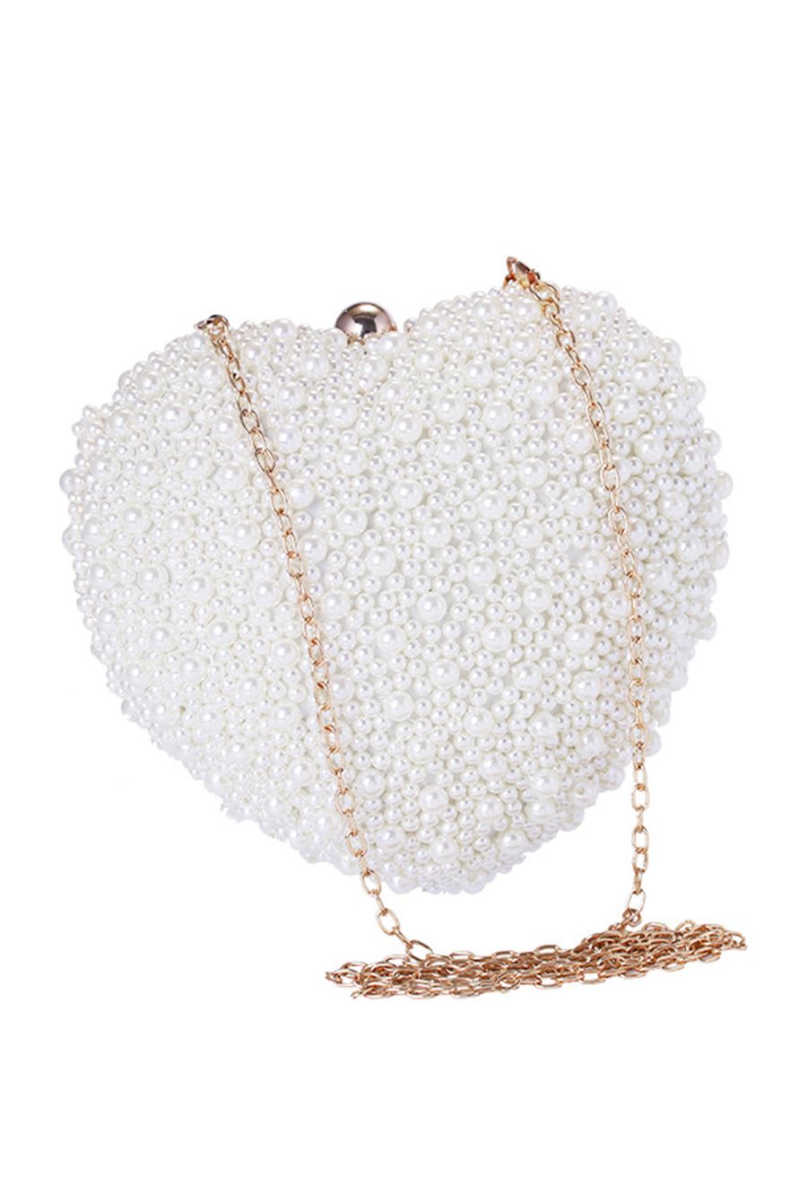 Pure White Full Pearl Heart Clutch