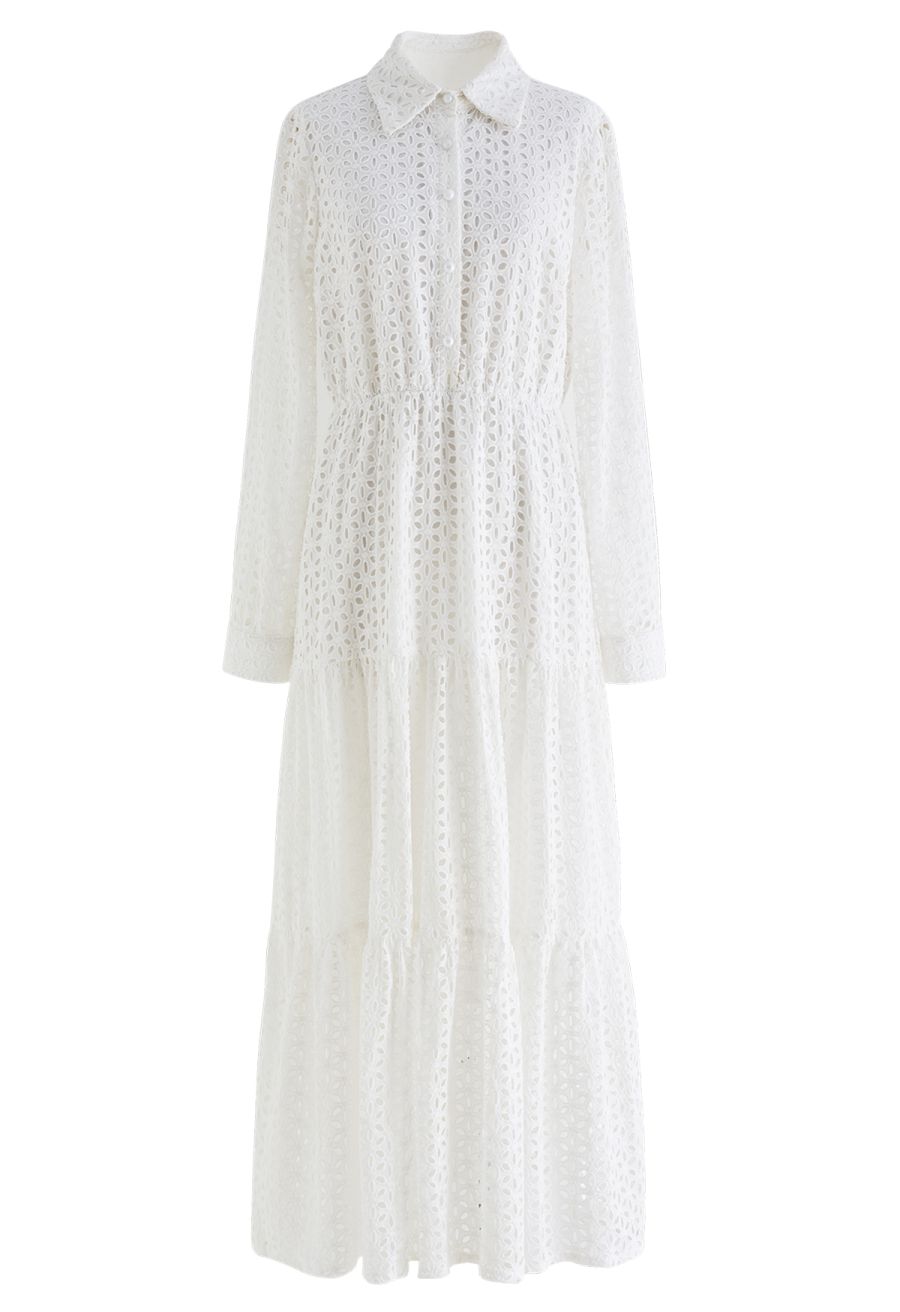 Pure White Floral Cutwork Frilling Maxi Dress