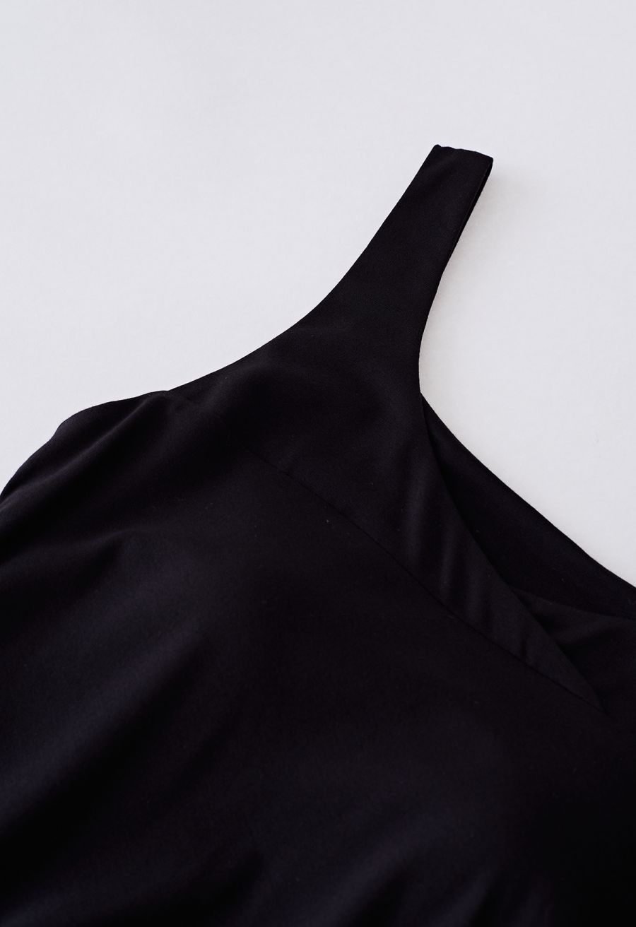 Side Ruched Slit Tank Midi Dress in Black
