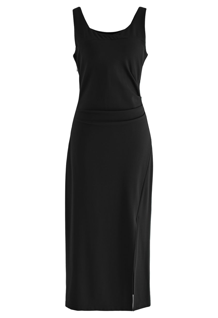 Side Ruched Slit Tank Midi Dress in Black