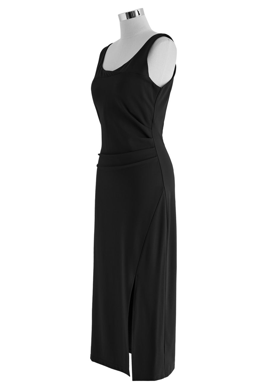 Side Ruched Slit Tank Midi Dress in Black