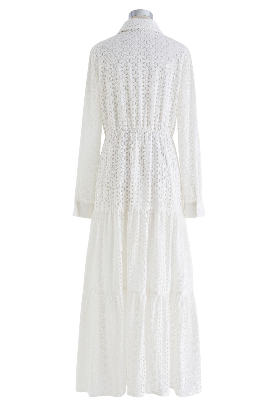 Pure White Floral Cutwork Frilling Maxi Dress
