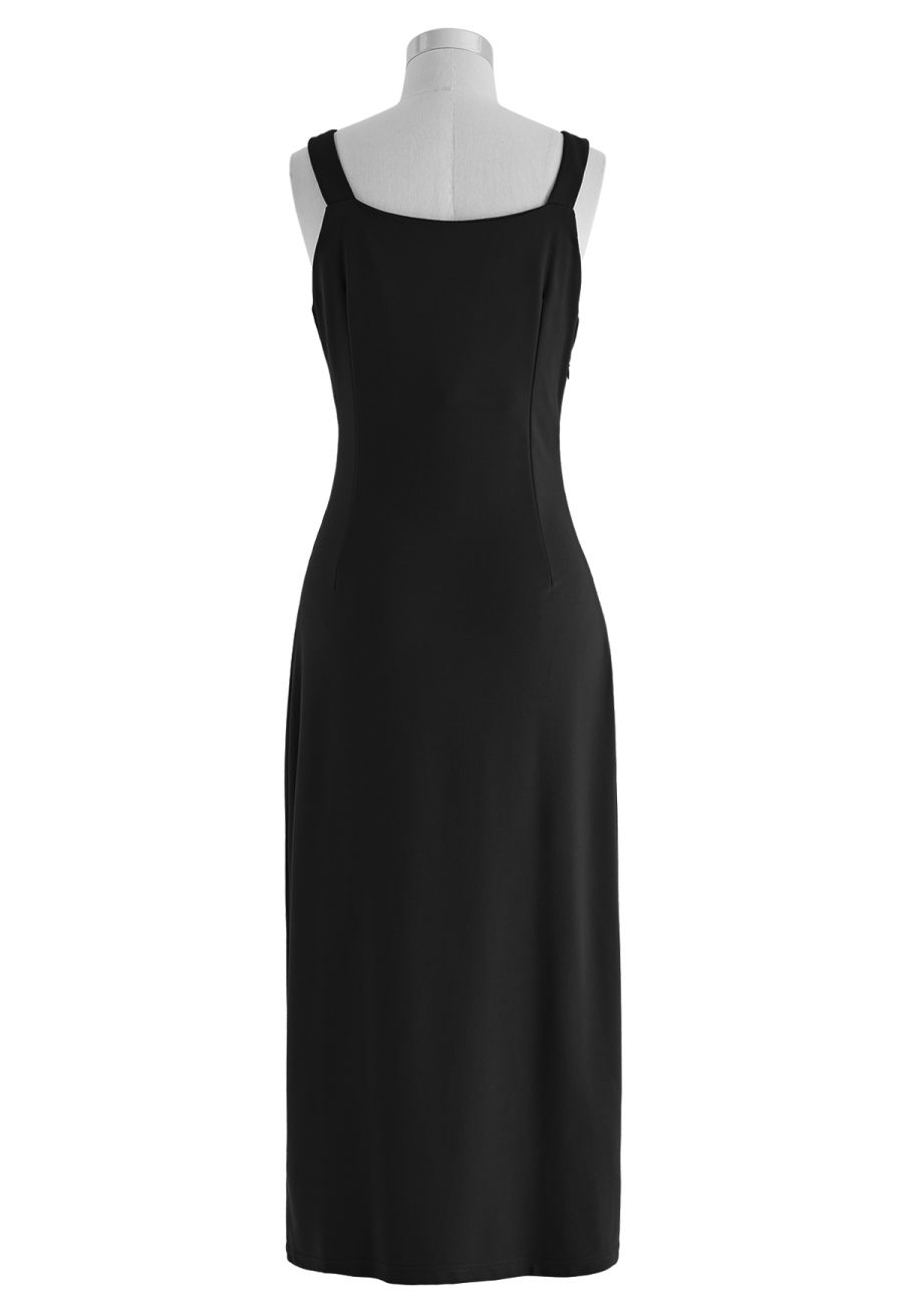 Side Ruched Slit Tank Midi Dress in Black