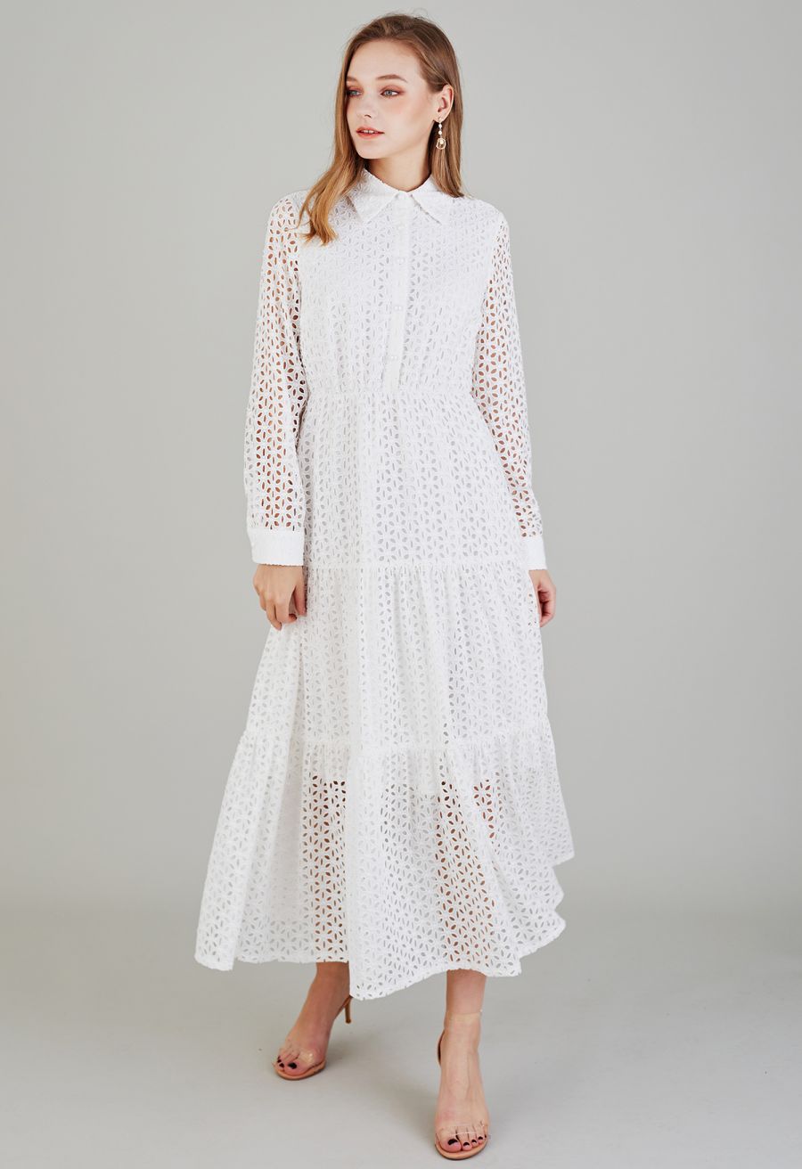 Pure White Floral Cutwork Frilling Maxi Dress