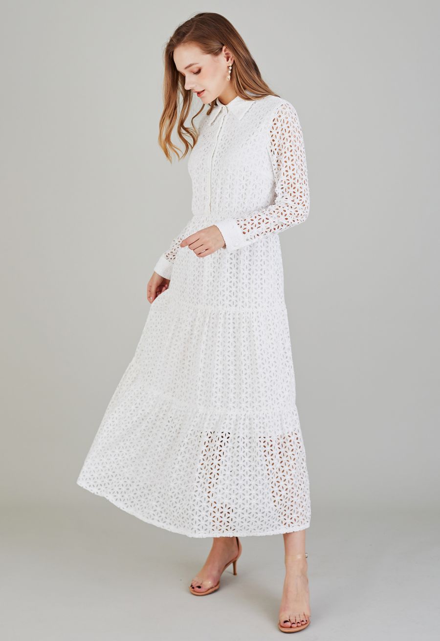Pure White Floral Cutwork Frilling Maxi Dress