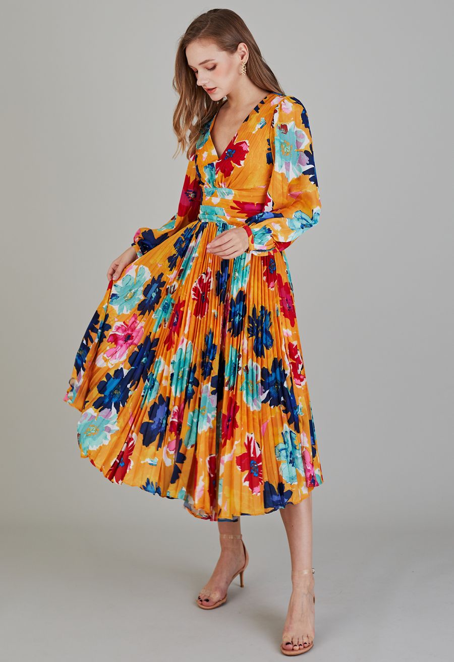 Orange Floral Cut Out Back Pleated Satin Dress