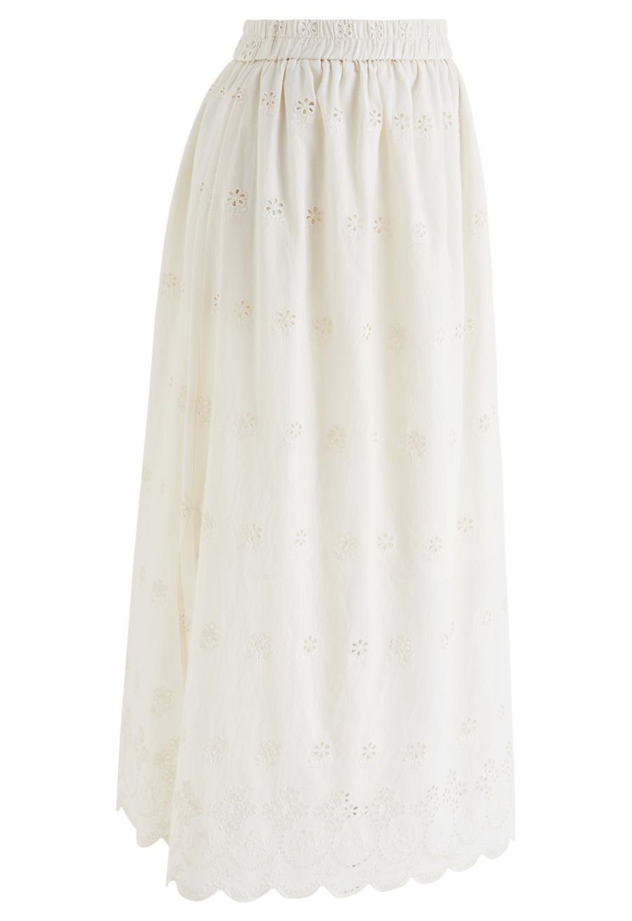 Side Slit Floret Embroidered Eyelet Maxi Skirt in Cream