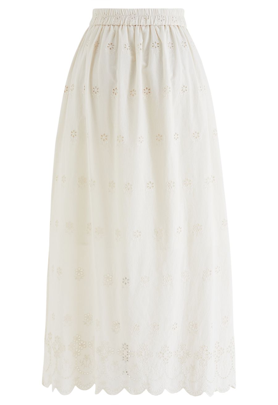 Side Slit Floret Embroidered Eyelet Maxi Skirt in Cream