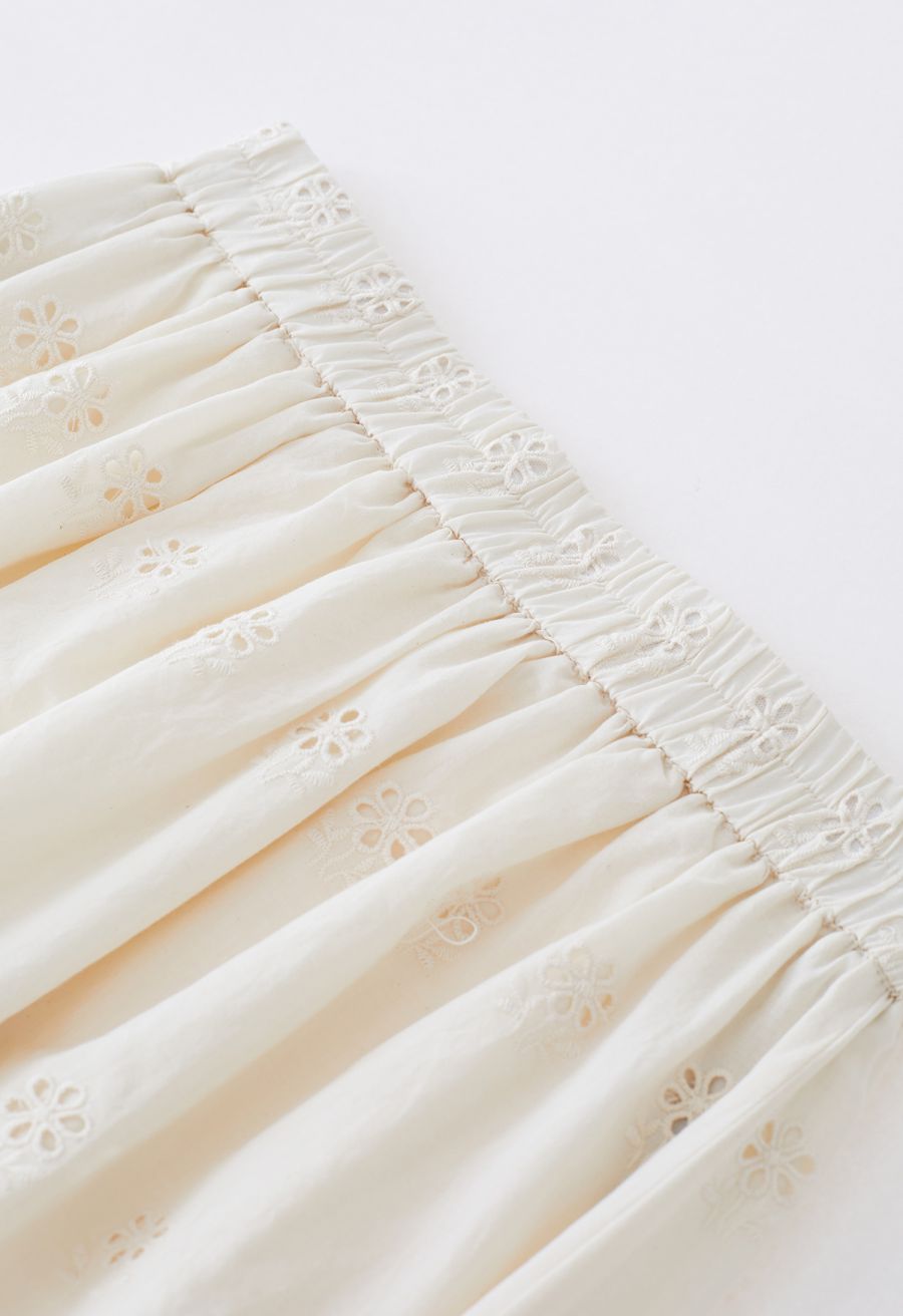 Side Slit Floret Embroidered Eyelet Maxi Skirt in Cream