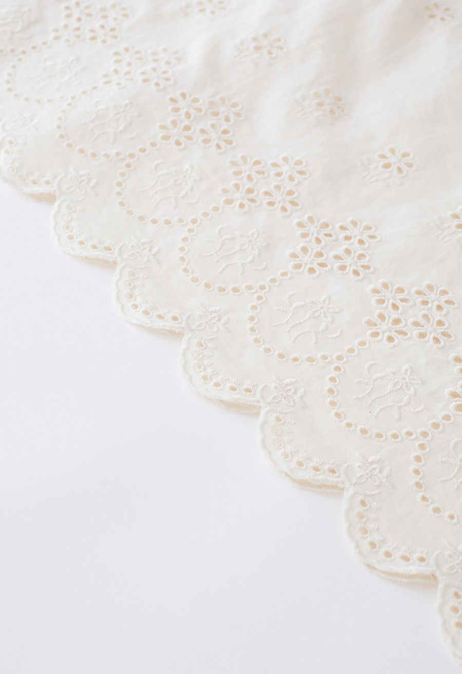 Side Slit Floret Embroidered Eyelet Maxi Skirt in Cream