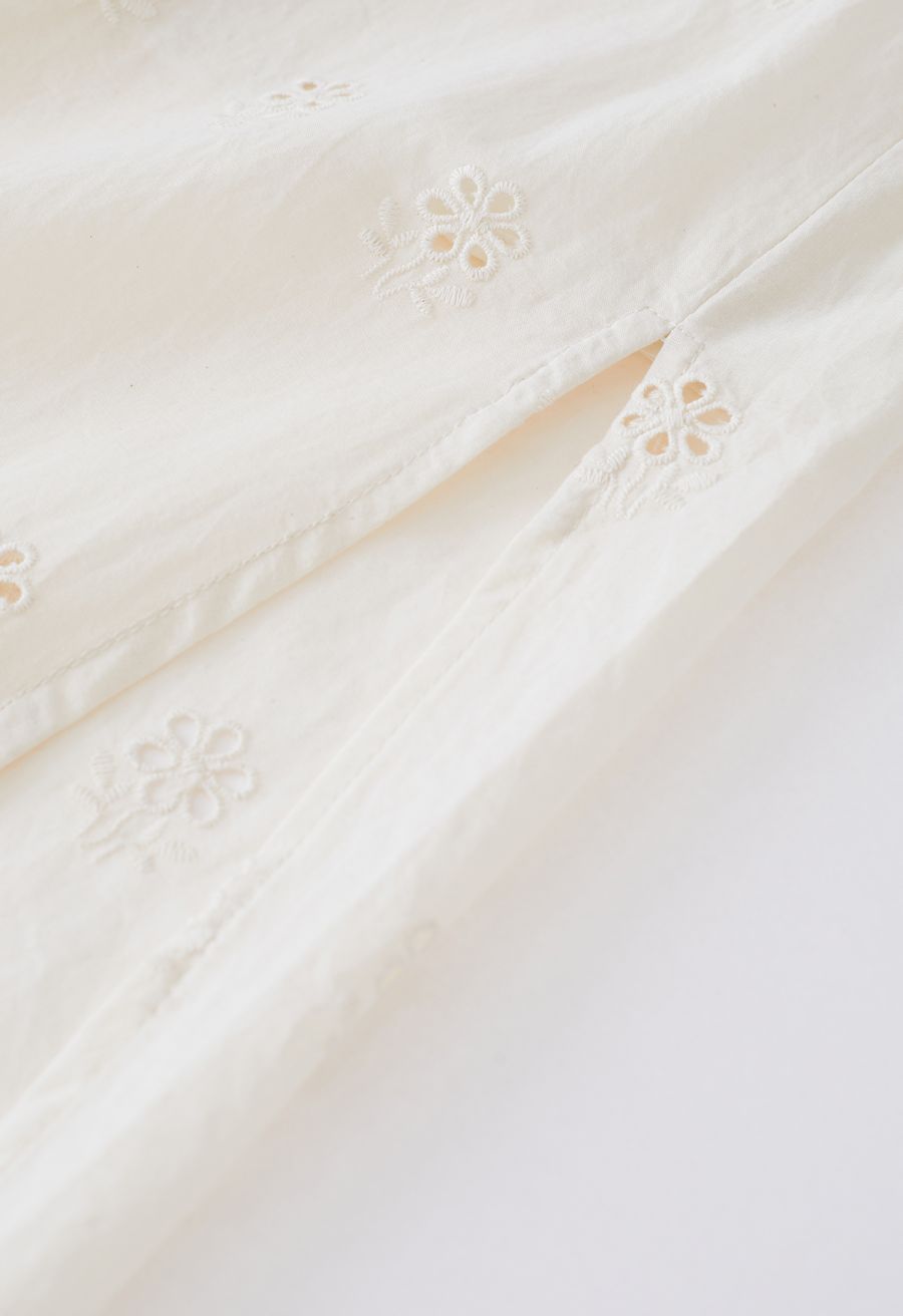 Side Slit Floret Embroidered Eyelet Maxi Skirt in Cream