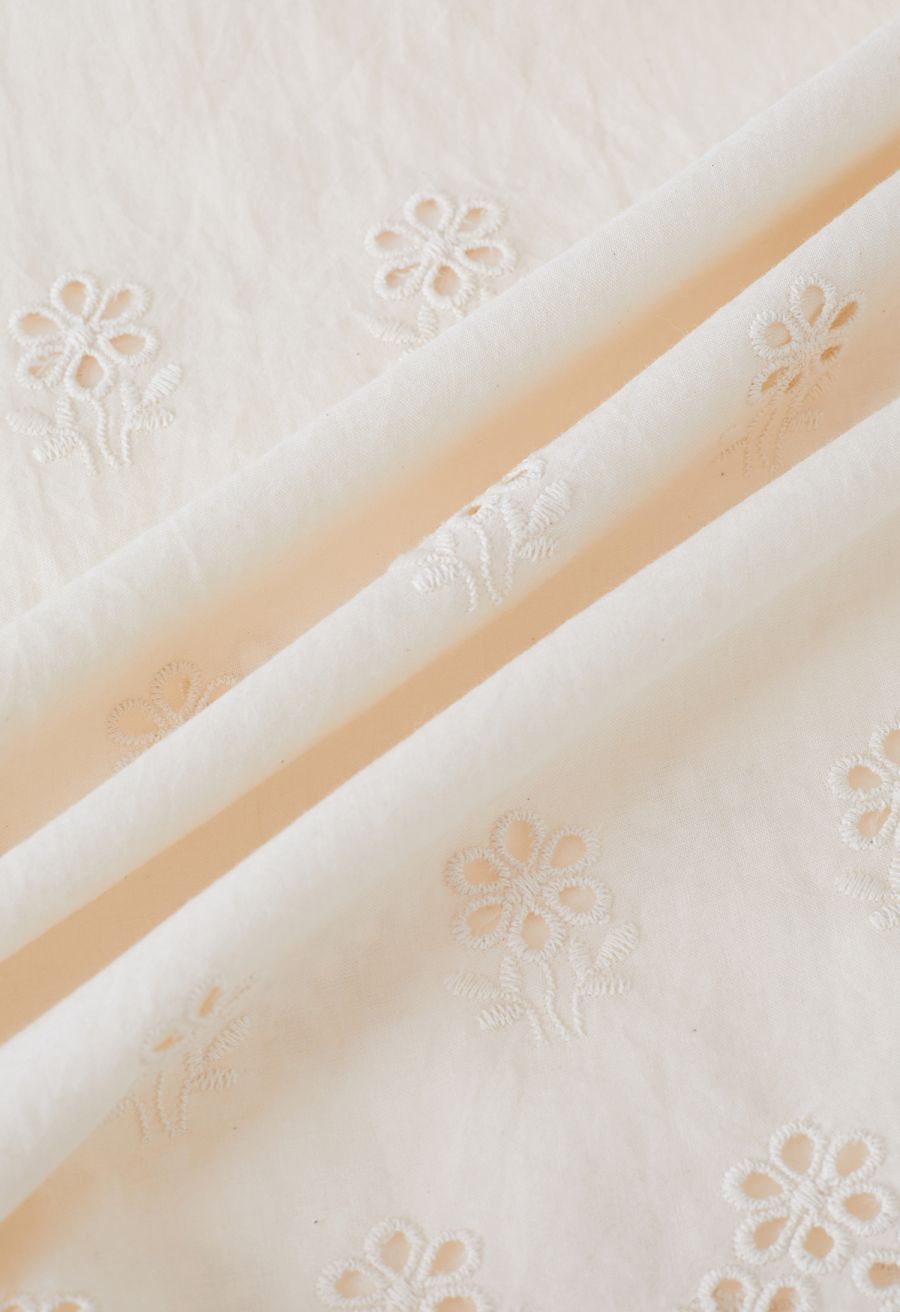 Side Slit Floret Embroidered Eyelet Maxi Skirt in Cream