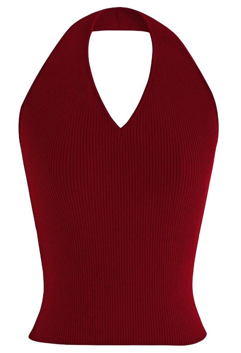 Halter Neck Ribbed Knit Top in Burgundy