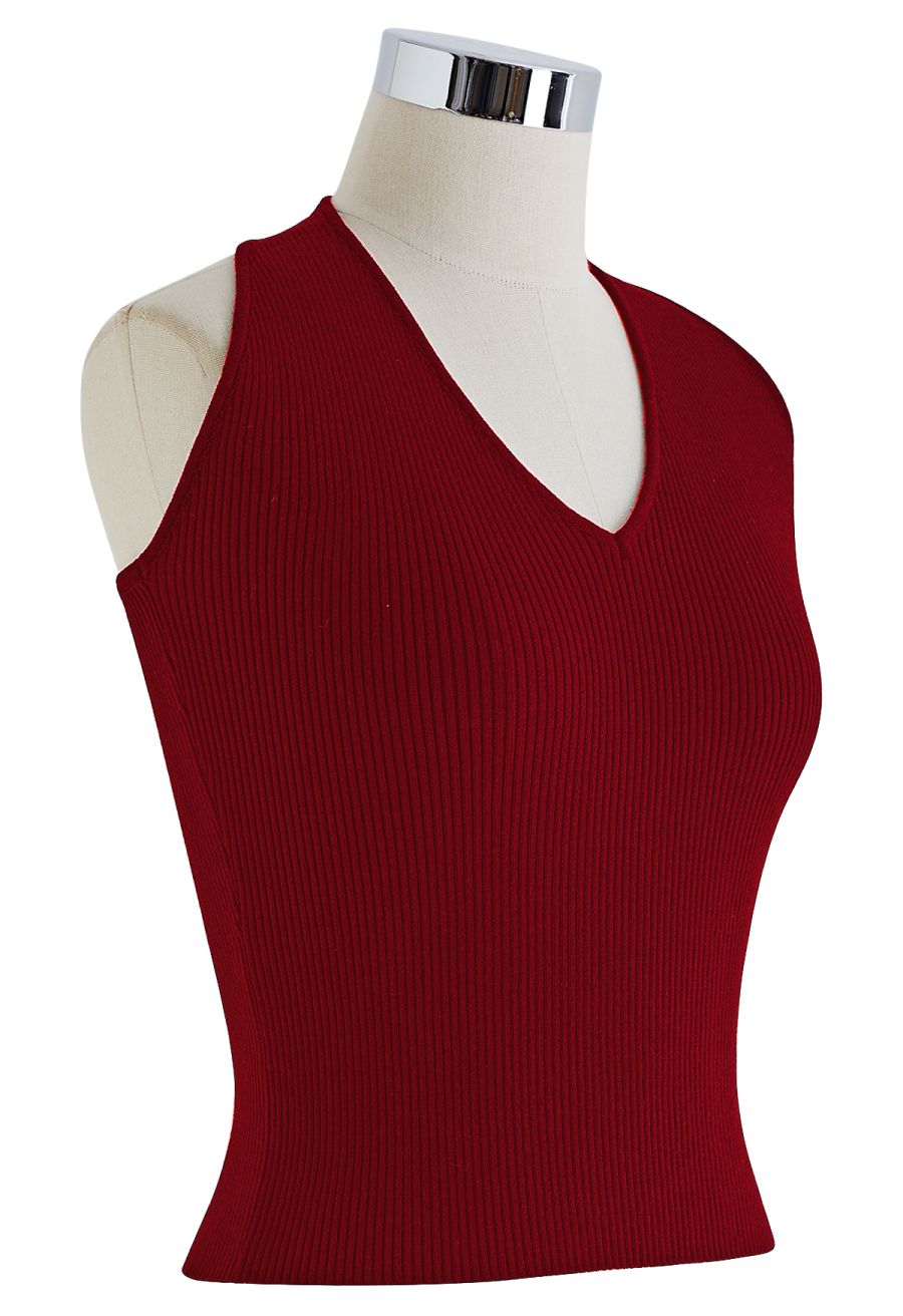 Halter Neck Ribbed Knit Top in Burgundy