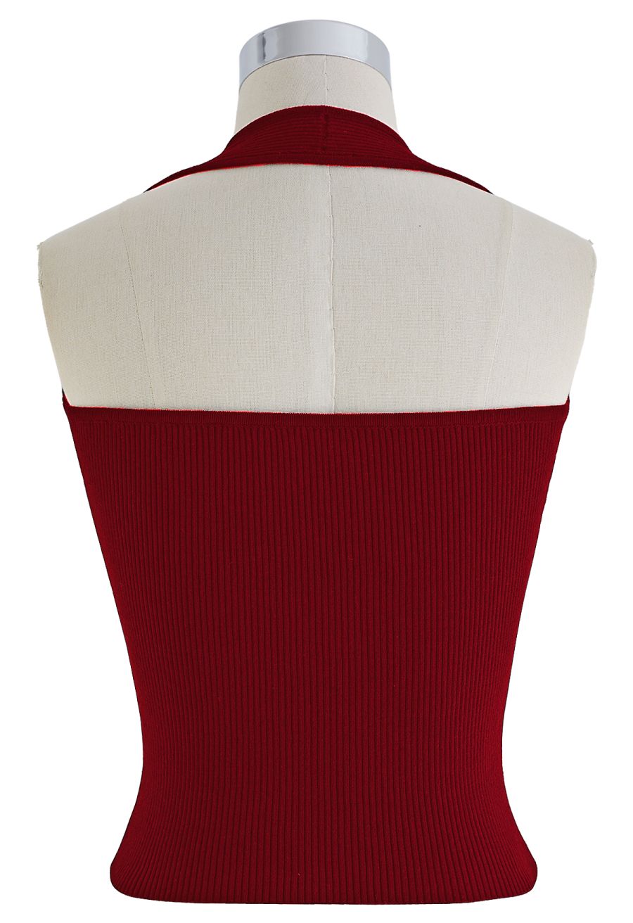 Halter Neck Ribbed Knit Top in Burgundy