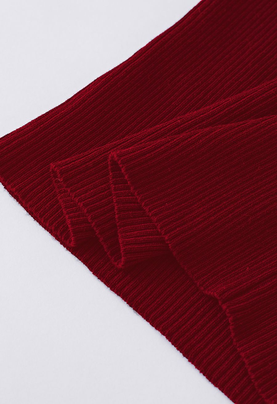 Halter Neck Ribbed Knit Top in Burgundy
