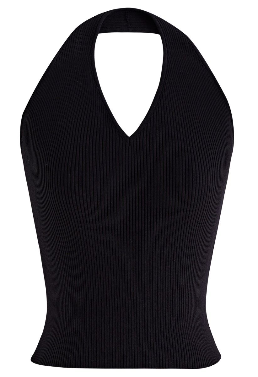 Halter Neck Ribbed Knit Top in Black