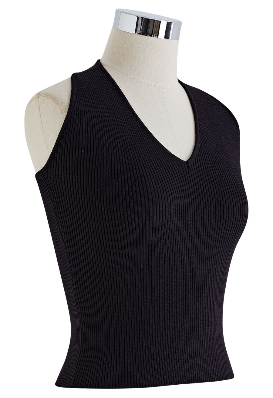 Halter Neck Ribbed Knit Top in Black
