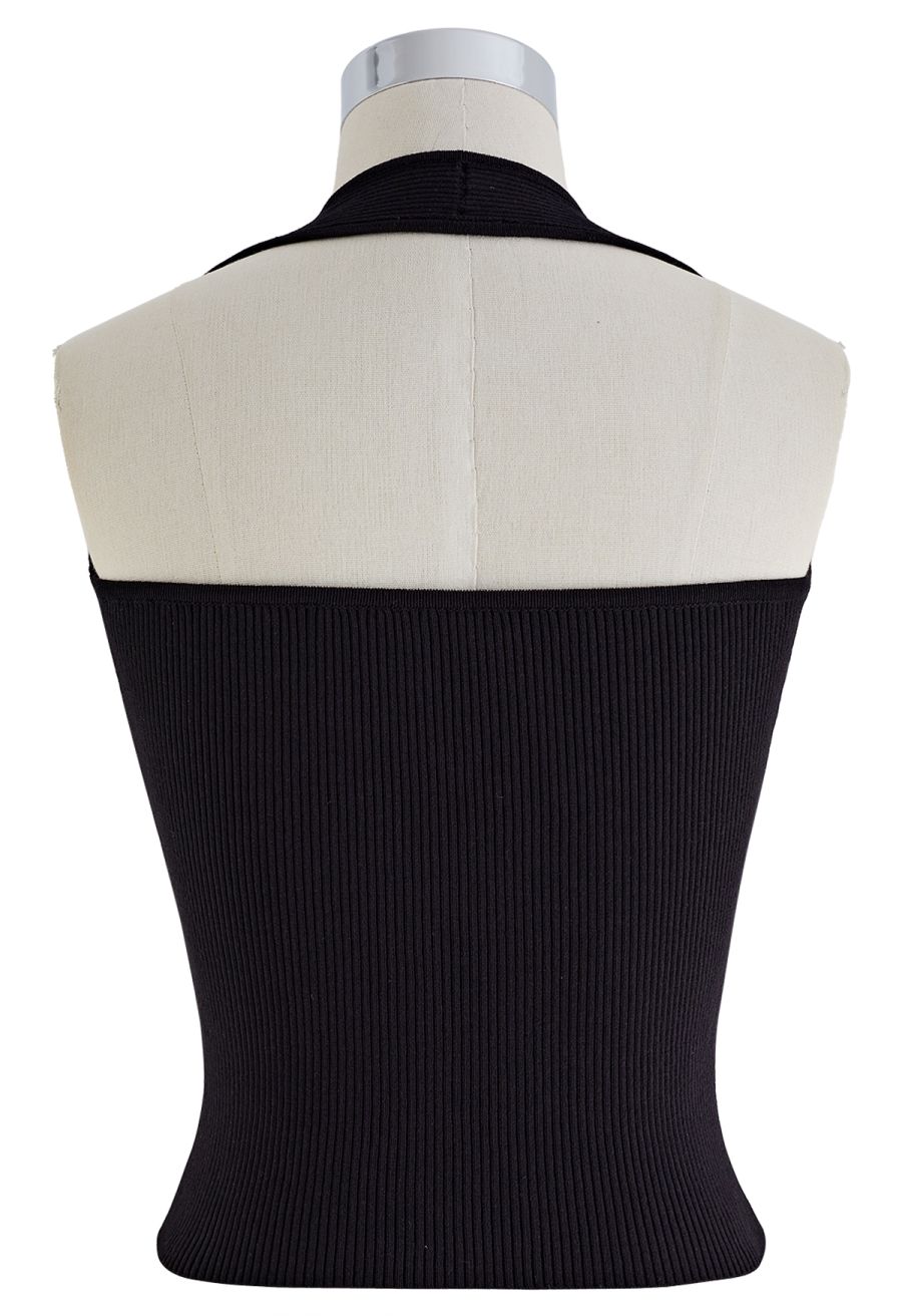 Halter Neck Ribbed Knit Top in Black