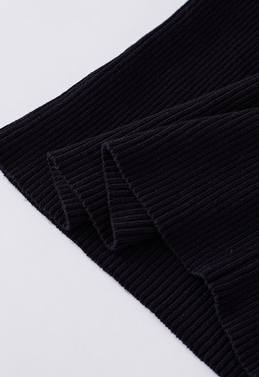 Halter Neck Ribbed Knit Top in Black