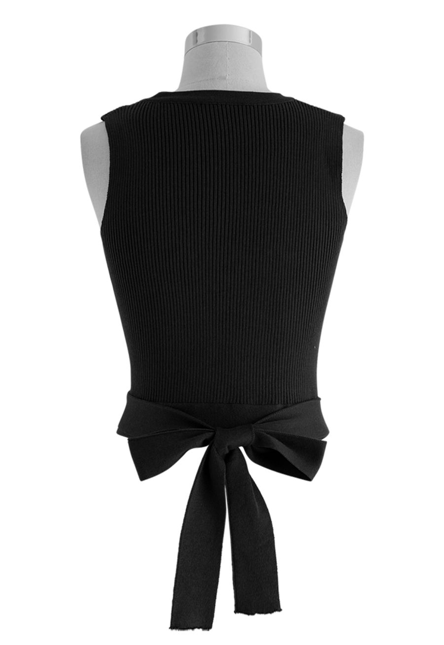 Tie Waist Knit Tank Top in Black