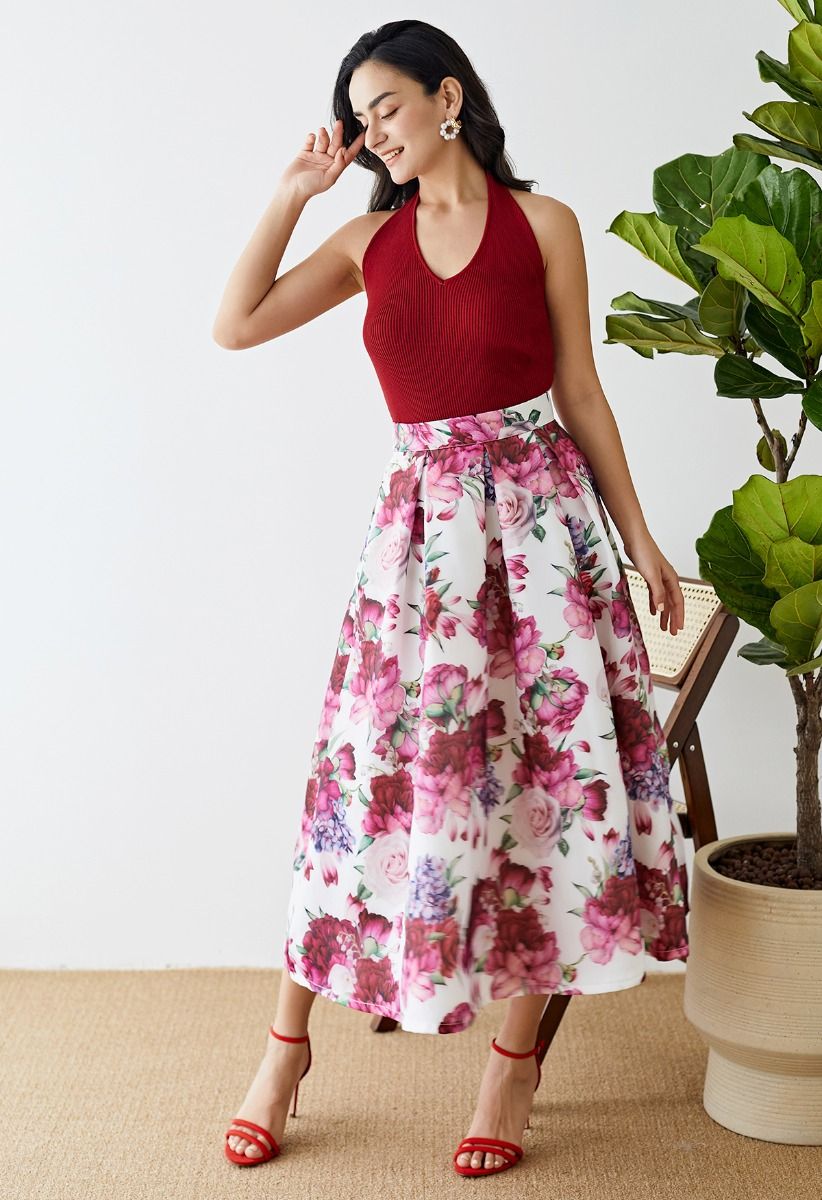 Halter Neck Ribbed Knit Top in Burgundy