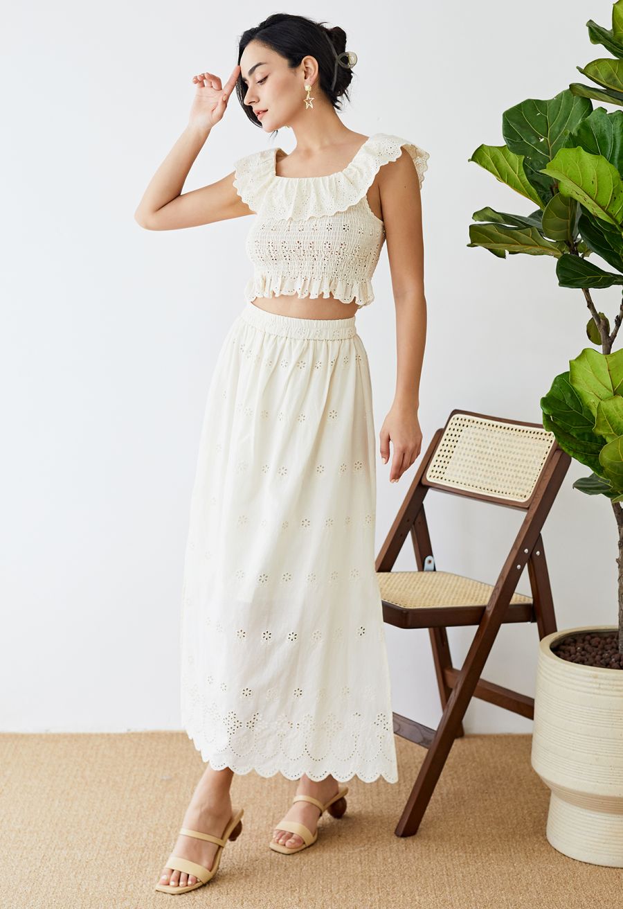 Side Slit Floret Embroidered Eyelet Maxi Skirt in Cream